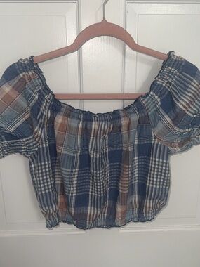 American Eagle Outfitters Blue and Brown Plaid Off-Shoulder Crop Top